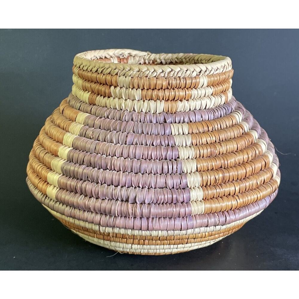 Handmade Coiled Round Pot Shape Lavender & Brown 5" Tall Southwest